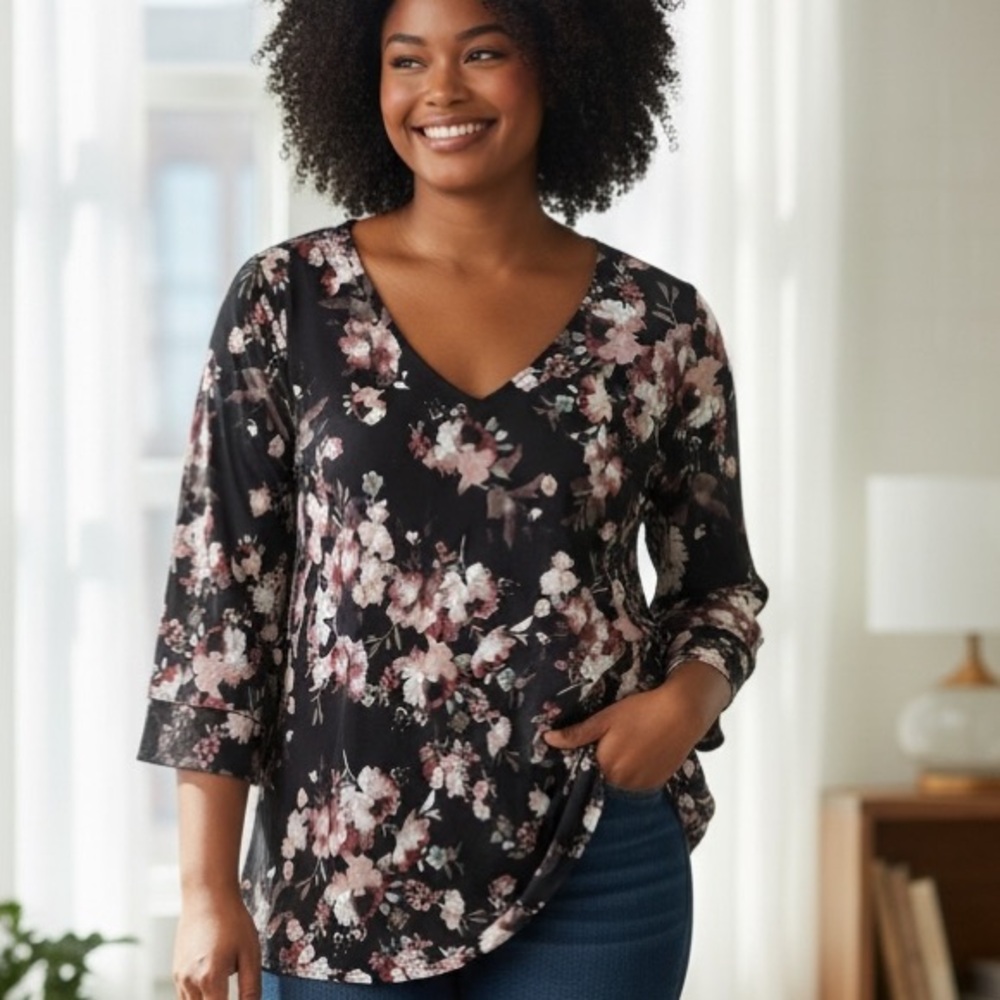 J. Jill Black Floral V-Neck 3/4 Sleeve Blouse